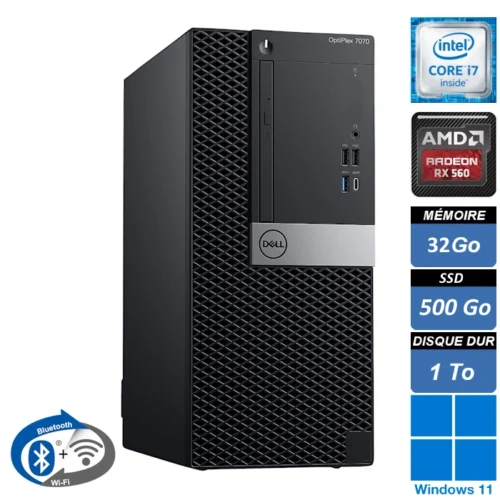 Dell Optiplex 7070 Tower i7-8700, 32 Go RAM, SSD 500 Go, HDD 1 To, RX 560, Windows 11 Pro