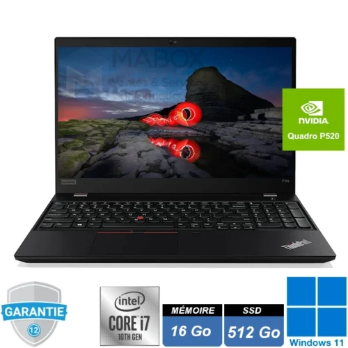 Station de travail mobile Lenovo ThinkPad P15s Gen 1 noir, écran 15,6 pouces Full HD ouvert, clavier AZERTY avec pavé numérique.