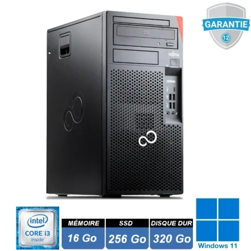 Ordinateur de bureau Fujitsu Esprimo P758 avec processeur Intel Core i3-8100, 16Go de RAM, SSD 256Go NVMe, Disque dur 30Go et lecteur graveur CD/DVD et Windows 11 Pro.