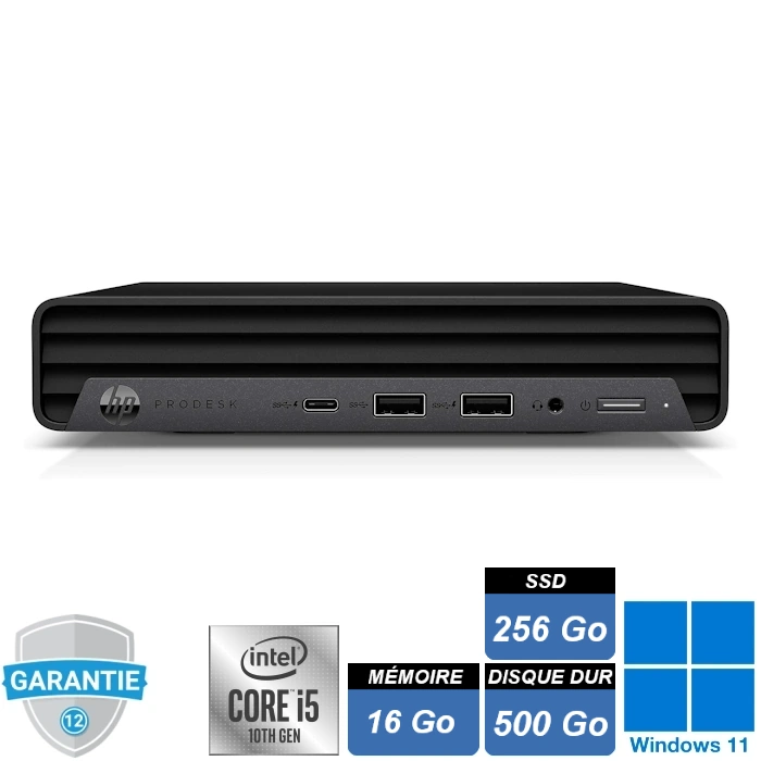 Ordinateur HP ProDesk 400 G6 DM i5-10500T avec 16 Go de RAM, SSD 256 Go NVMe et HDD 500 Go sous Windows 11 Pro – format compact professionnel.