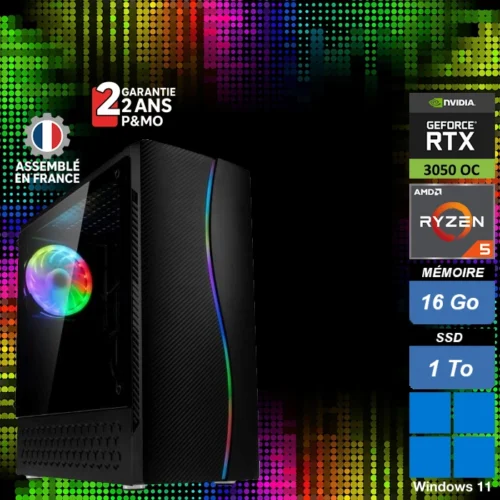 PC Gamer CX-500 avec Ryzen 5 5500 avec carte graphique RTX 3050 8Go, 16Go RAM et SSD NVMe 1To – ordinateur gamer performant pour jeux Full HD.