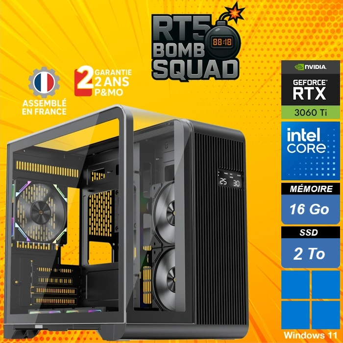 PC Gamer RT5 Bomb Squad avec i5-14400F, RTX 3060 Ti, SSD 2To et 16 Go DDR4 – Unité gaming haute performance sous Windows 11.