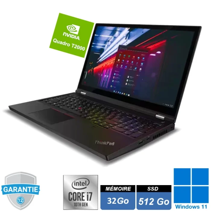 Ordinateur portable professionnel Lenovo ThinkPad P15 Gen 1 noir, vue de face avec écran affichant Windows 11 Pro.
