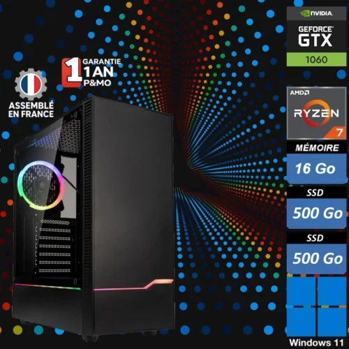 PC Gamer Z-GLOW Ryzen 7 avec Nvidia GTX 1060, 16Go RAM et double SSD sous Windows 11