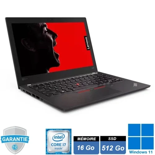 Ordinateur portable ultra-compact Lenovo ThinkPad X280 noir, écran 12,5 pouces tactile ouvert, design fin professionnel.