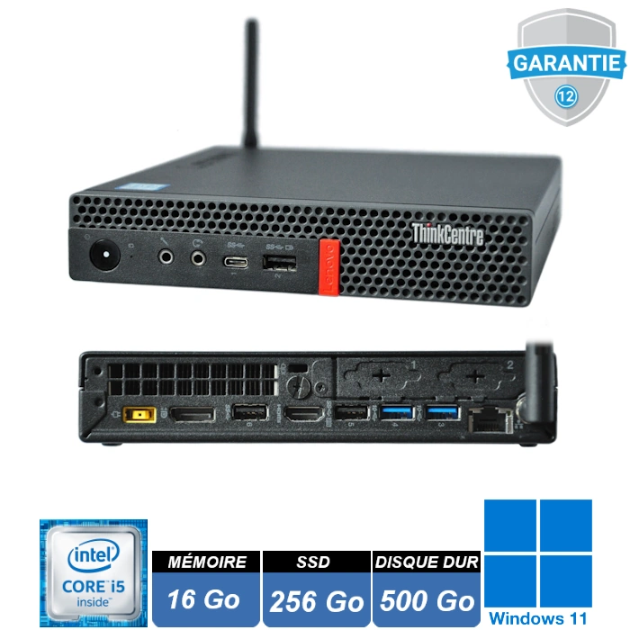 Mini PC Lenovo ThinkCentre M720q Core i5 avec Windows 11 Pro – vue compacte et connectique