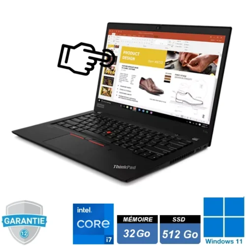 Lenovo ThinkPad T14s Gen 2 noir ouvert avec processeur Core i7, 32 Go RAM et SSD 512 Go sous Windows 11 Pro