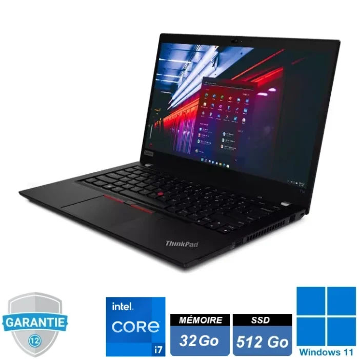 Lenovo ThinkPad T14s Gen 2 noir ouvert avec processeur Core i7, 32 Go RAM et SSD 512 Go sous Windows 11 Pro