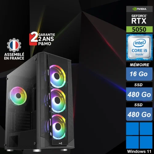 PC Gamer PRISM 2 équipé i5-9600K, 16 Go RAM DDR4, RTX 5050 8 Go et double SSD, idéal pour gaming performant sous Windows 11