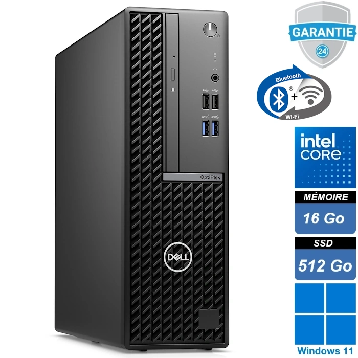 PC Dell OptiPlex 7010 SFF noir haute performance, montrant le lecteur graveur DVD en façade et indiquant la connectivité Wi-Fi 6 / Bluetooth 5.2.