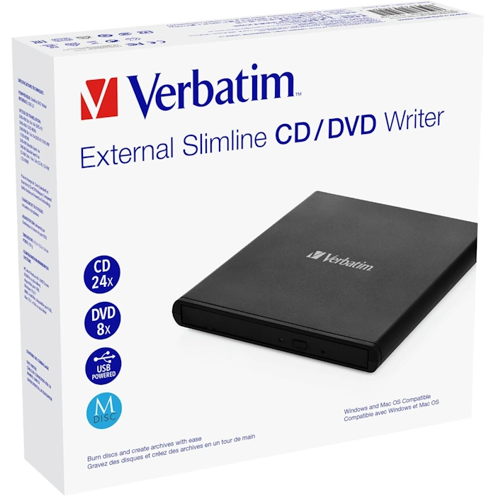 Graveur CD DVD externe Verbatim Slimline noir ultra-fin posé à côté d'un ordinateur portable sous Windows 11 Pro.