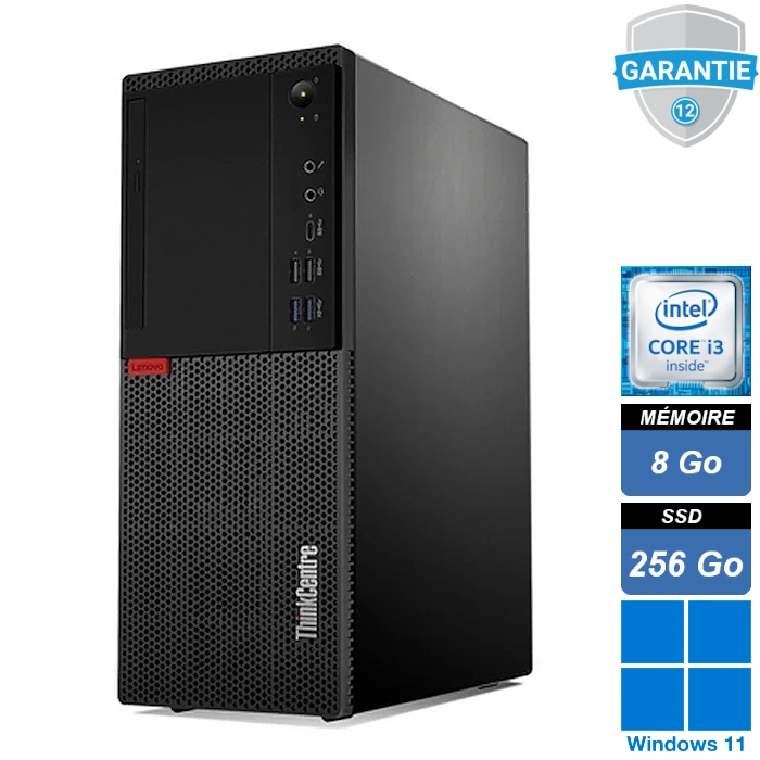 PC de bureau Lenovo ThinkCentre M720t tour avec processeur Intel Core i3, 8 Go RAM, SSD 256 Go et Windows 11 Pro