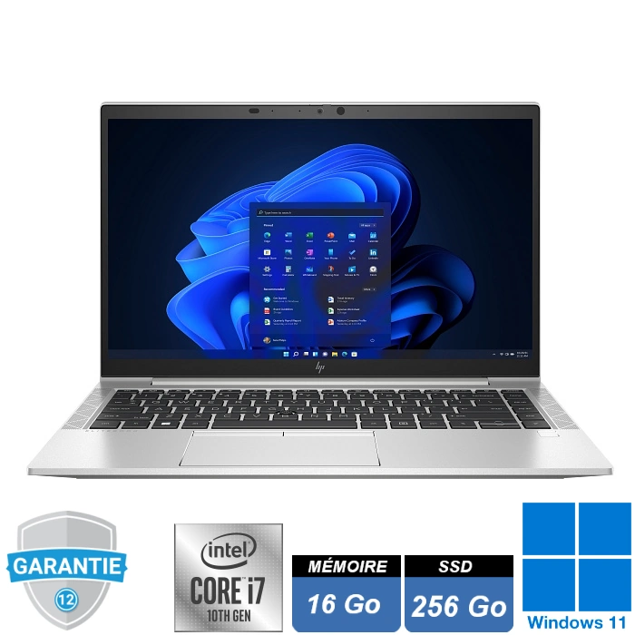 PC portable professionnel HP EliteBook 840 G7 argent en aluminium, vue de face avec écran 14 pouces FHD.