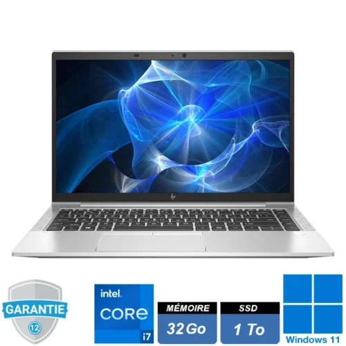 PC portable professionnel HP EliteBook 840 G8 en aluminium, écran 14 pouces FHD ouvert, clavier rétroéclairé.
