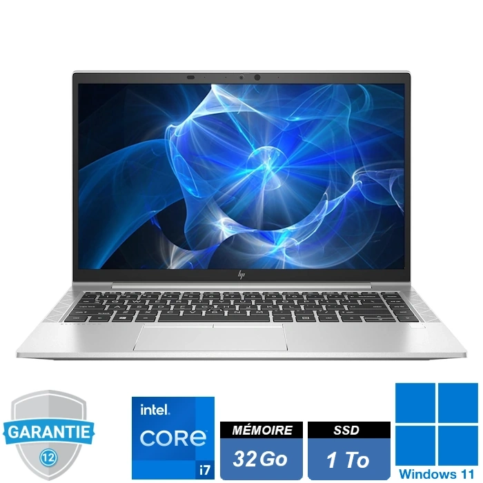 PC portable professionnel HP EliteBook 840 G8 en aluminium, écran 14 pouces FHD ouvert, clavier rétroéclairé.