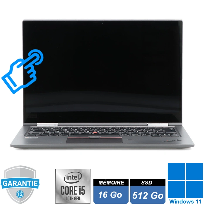 Ordinateur portable convertible 2-en-1 Lenovo ThinkPad X1 Yoga Gen 5 gris, écran tactile 14 pouces en mode pc portable.