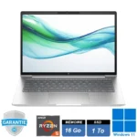 PC portable professionnel HP ProBook 445 G11 argent en aluminium, écran 14 pouces ouvert, design moderne.