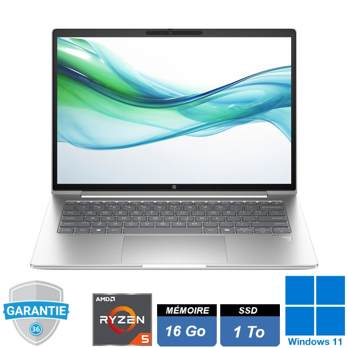 hp-probook-445-g11-ryzen5-7535u-16go-ssd-1to-windows-11-pro PC portable professionnel HP ProBook 445 G11 argent en aluminium, écran 14 pouces ouvert, design moderne.