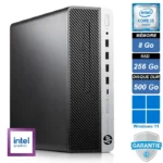 Unité centrale compacte HP ProDesk 600 G4 SFF noire et argentée posée à la verticale, vue sur la face avant.