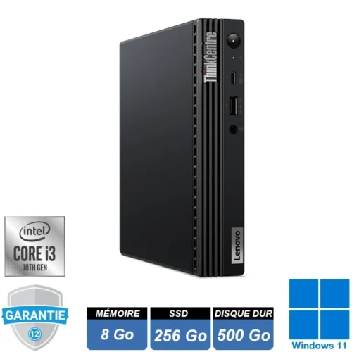 Mini PC de bureau Lenovo ThinkCentre M70q Tiny noir positionné à la verticale sur son socle, vue sur la face avant et ses ports USB.
