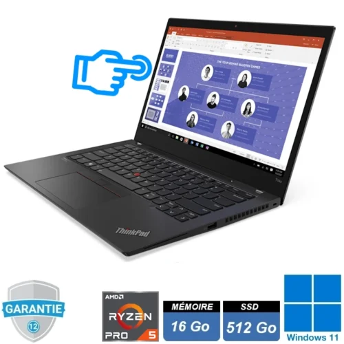 Ordinateur portable ultra-fin Lenovo ThinkPad T14s Gen 2 AMD noir, écran 14 pouces ouvert, design professionnel premium.