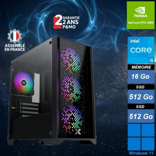 PC Gamer compact Nyx Shadow rétroéclairé avec carte mère MSI MPG et carte graphique NVIDIA GeForce RTX 3060.