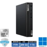 Mini PC de bureau professionnel Lenovo ThinkCentre M70q Gen 2 Tiny noir posé à la verticale, vue sur la face avant avec ports USB.