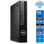Mini PC de bureau professionnel Dell OptiPlex 3000 Micro noir posé à la verticale, vue sur la face avant et ses ports USB.
