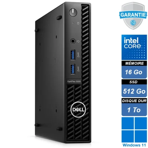 Mini PC de bureau professionnel Dell OptiPlex 3000 Micro noir posé à la verticale, vue sur la face avant et ses ports USB.