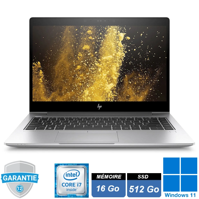hp-elitebook-840-g5-i7-8650u-16go-ssd-512-windows-11-pro PC portable professionnel HP EliteBook 840 G5 gris argenté en aluminium, écran 14 pouces Full HD ouvert, clavier rétroéclairé AZERTY.