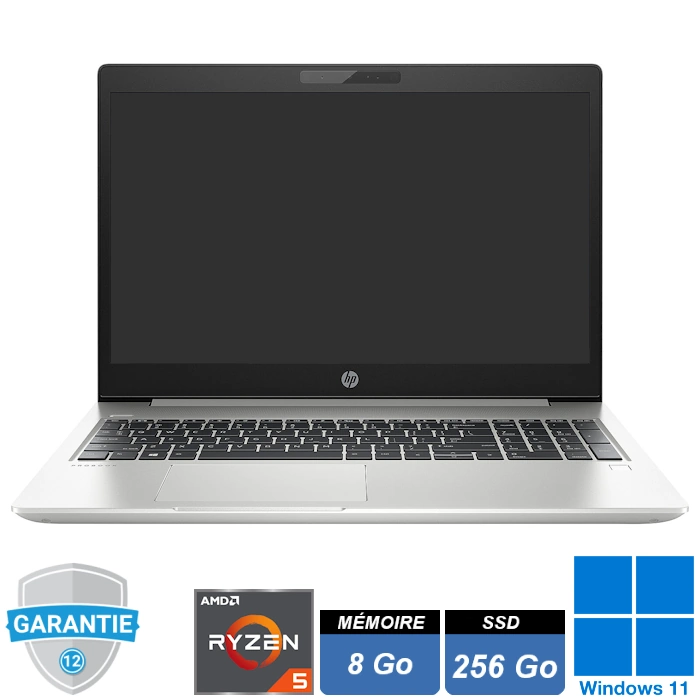 hp-probook-455-g7-ryzen-5-4500u-8go-ssd256go-windows-11-pro PC portable professionnel HP ProBook 455 G7 argenté, écran 15.6 pouces Full HD ouvert, clavier AZERTY avec pavé numérique.