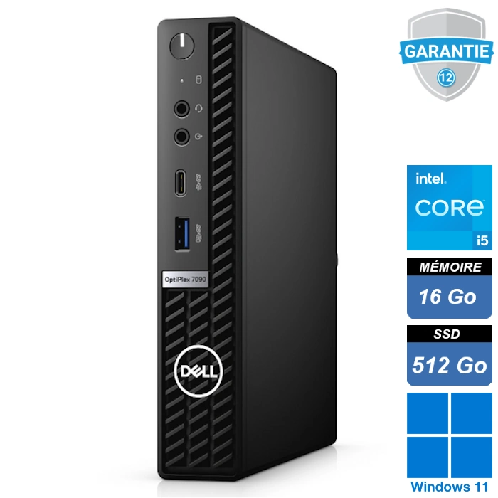 dell-optiplex-7090-micro-i5-11500t-16go-ssd-512go-windows-11-pro Micro PC de bureau Dell OptiPlex 7090 Micro noir, vue de face en diagonale avec ports USB et USB-C.