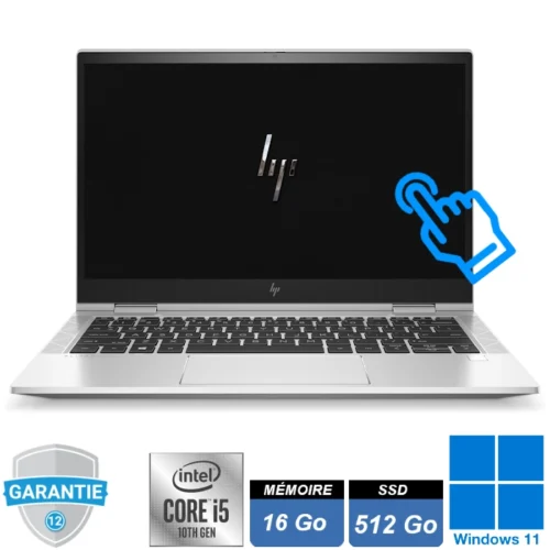 PC portable convertible HP EliteBook x360 830 G7 argenté, écran 13.3 pouces tactile plie en mode tablette avec clavier AZERTY rétroéclairé.