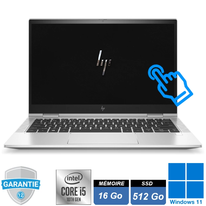 hp-elitebook-x360-830-g7-i5-10310u-16go-ssd512go-tactile-windows11 PC portable convertible HP EliteBook x360 830 G7 argenté, écran 13.3 pouces tactile plie en mode tablette avec clavier AZERTY rétroéclairé.