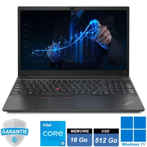 PC portable professionnel Lenovo ThinkPad E15 Gen 2 noir, écran 15.6 pouces Full HD ouvert, clavier AZERTY avec pavé numérique.