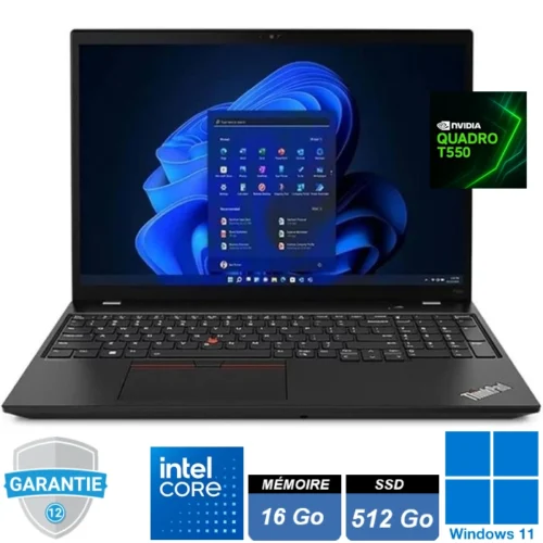 Station de travail mobile Lenovo ThinkPad P16s Gen 1 noire, écran 16 pouces ouvert, clavier AZERTY avec pavé numérique.