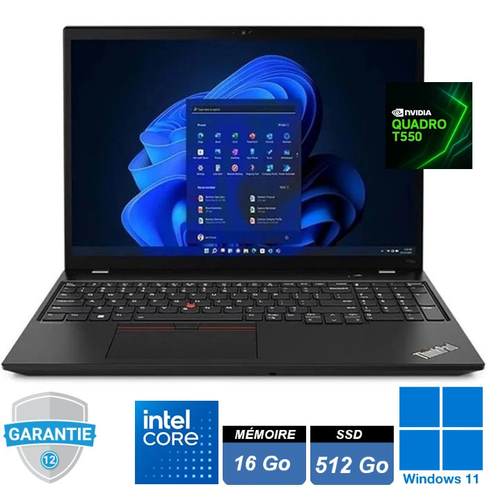 thinkpad-lenovo-p16s-gen1-i7-ram-16go-ssd512go-quadro-t550-4go-windows-11-pro Station de travail mobile Lenovo ThinkPad P16s Gen 1 noire, écran 16 pouces ouvert, clavier AZERTY avec pavé numérique.