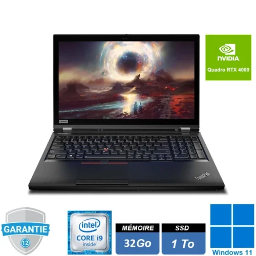 Station de travail mobile Lenovo ThinkPad P53 noire, écran 15.6 pouces Full HD ouvert, clavier AZERTY avec pavé numérique.