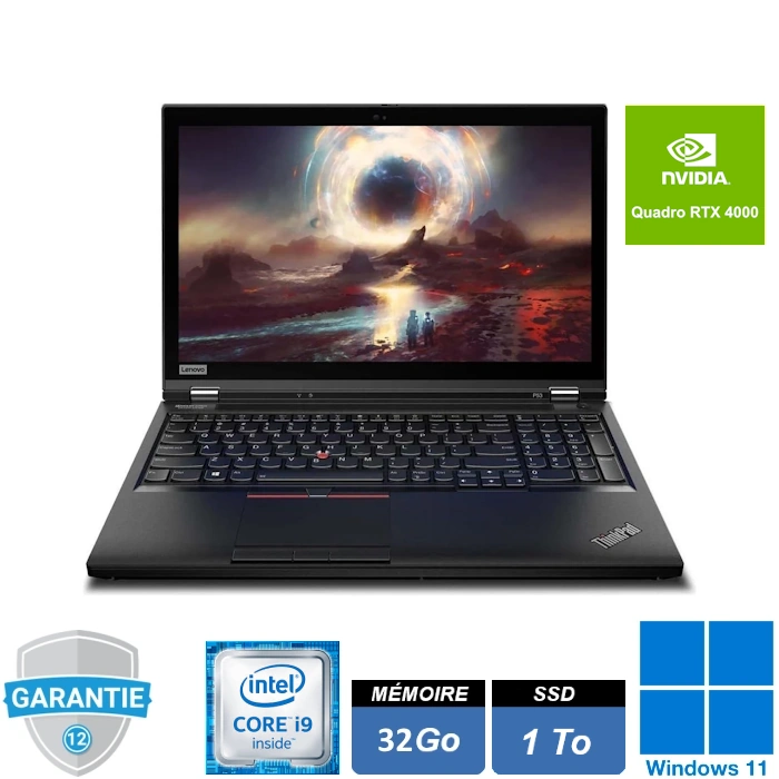 thinkpad-lenovo-p53-i9-9980h-32go-ssd-1to-rtx-4000-8go-windows-11-pro Station de travail mobile Lenovo ThinkPad P53 noire, écran 15.6 pouces Full HD ouvert, clavier AZERTY avec pavé numérique.